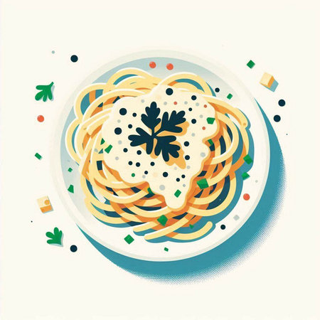 Spaghetti with sour cream and parsley on a plate. Vector illustration.のイラスト素材