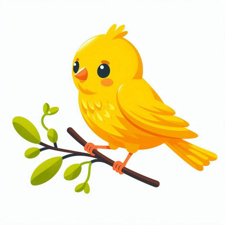 Cute yellow bird on a branch. Vector illustration isolated on white background.のイラスト素材