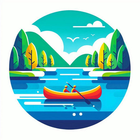 Kayak on the river. Vector illustration in a flat style.のイラスト素材