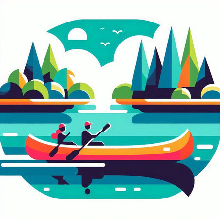 Kayaking on the river. Vector illustration in flat design style.のイラスト素材