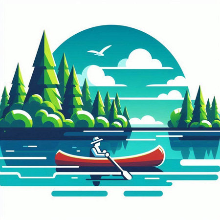Illustration of a kayak on the lake with trees in the backgroundのイラスト素材