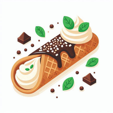 Chocolate waffle with whipped cream and mint leaves. Vector illustration.のイラスト素材