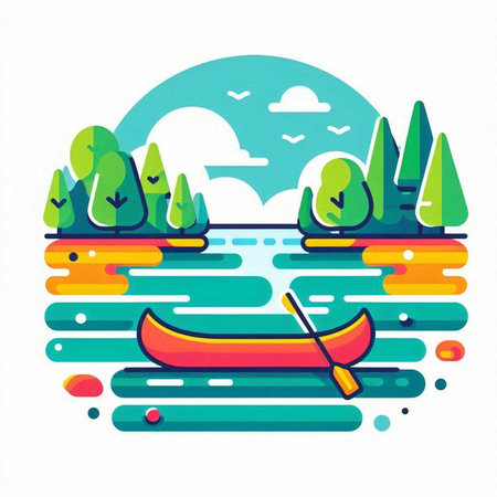 Kayak on the lake. Vector illustration in flat linear style.のイラスト素材