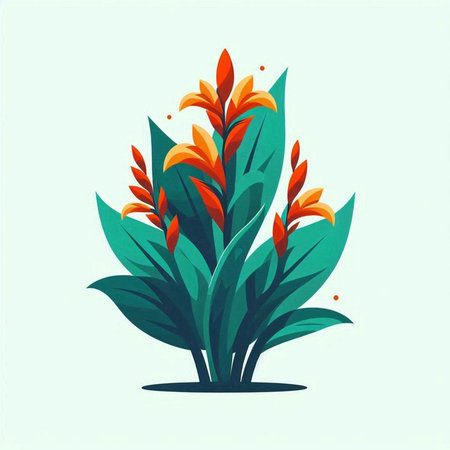 Vector illustration of a tropical plant with orange flowers and green leaves.のイラスト素材