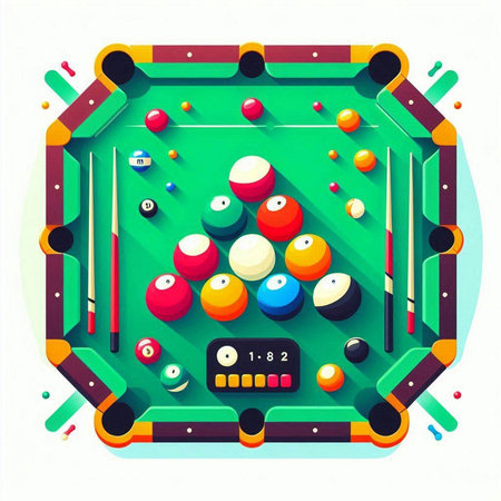 Billiard table with balls, cue and cues. Vector illustration.のイラスト素材