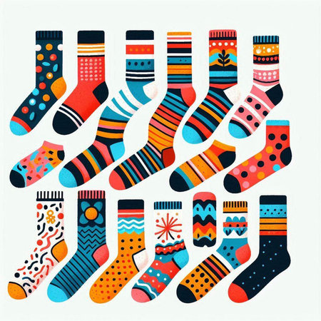 Vector set of colorful socks with different patterns. Hand drawn illustration.のイラスト素材