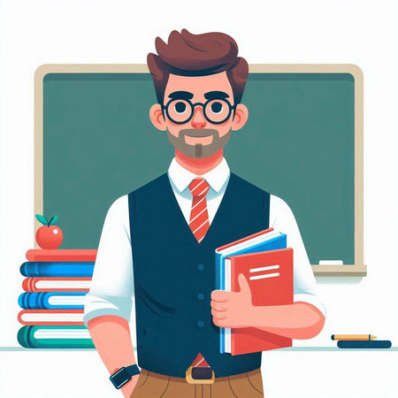 Teacher in front of the blackboard. Vector illustration in cartoon style.のイラスト素材
