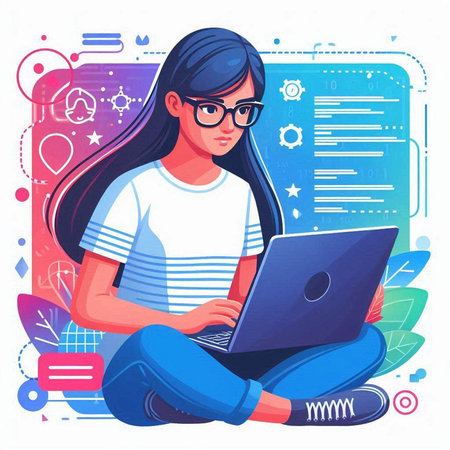 Young woman working on laptop. Freelance, remote work concept. Vector illustration in cartoon styleのイラスト素材
