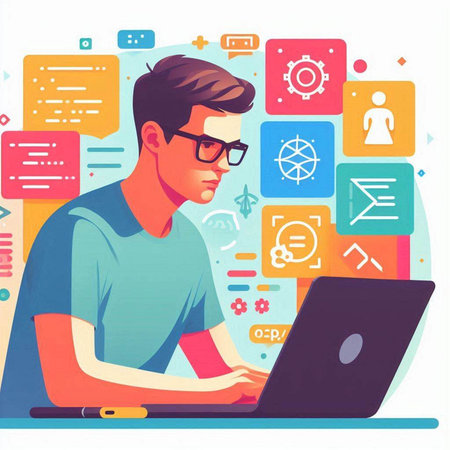 Young man in glasses works on a laptop. Vector illustration in a flat style.のイラスト素材