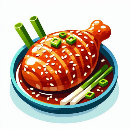 Illustration of a fried chicken with sesame seeds on a plateのイラスト素材