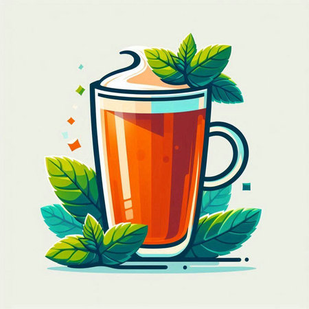 Mug of tea with mint leaves. Vector illustration in retro style.のイラスト素材