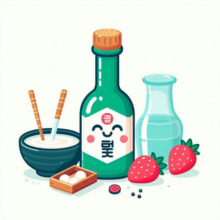 Japanese sake and ingredients. Vector illustration in flat cartoon style isolated on white background.のイラスト素材