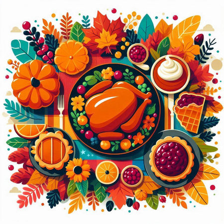 Thanksgiving dinner with turkey, pumpkin, berries and flowers. Vector illustration.のイラスト素材