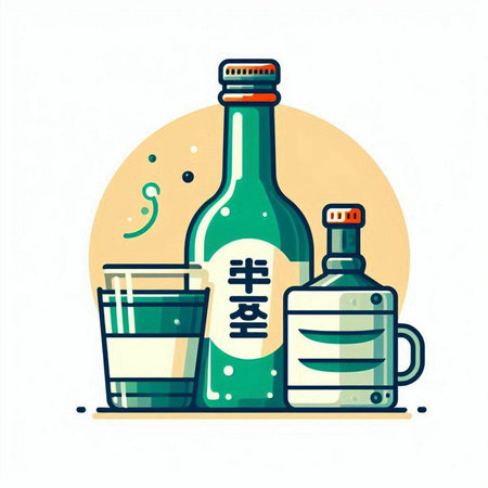 Vector illustration of a bottle of sake and a glass of water.のイラスト素材