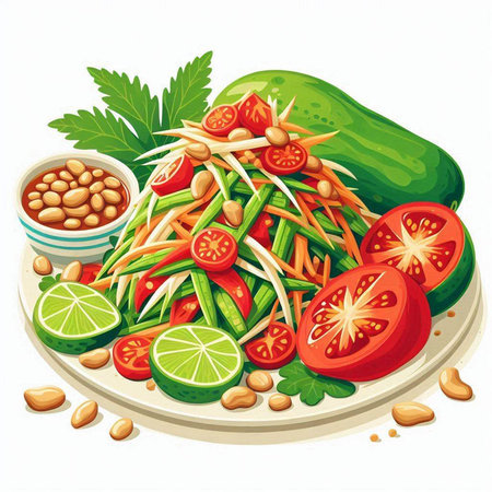 Illustration of a plate of green papaya salad and ingredients on a white backgroundのイラスト素材