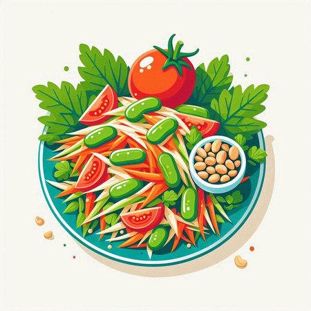Vegetable salad with papaya, cucumber, tomato, pepper and green beans. Vector illustration.のイラスト素材