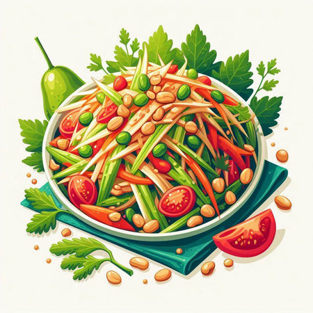Somtum spicy papaya salad. Thai food. Vector illustrationのイラスト素材