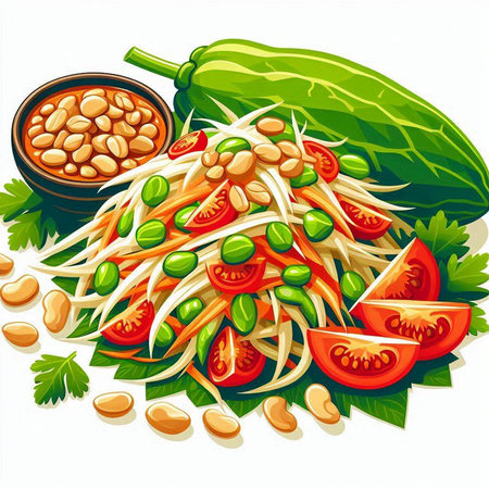 Illustration of papaya salad with beans, tomato and parsleyのイラスト素材