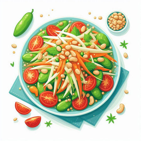Green papaya salad on white background. Vector illustration for your designのイラスト素材