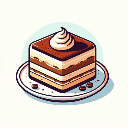 Tiramisu cake with whipped cream on a plate, vector illustrationのイラスト素材