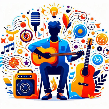Vector illustration of a man playing the guitar on the background of musical instruments.のイラスト素材