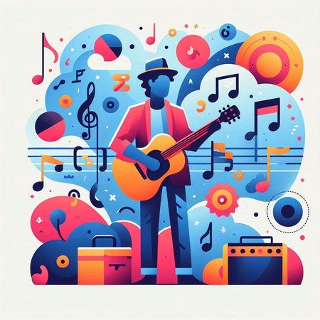 Vector illustration of man playing guitar on colorful background. Flat style design.のイラスト素材