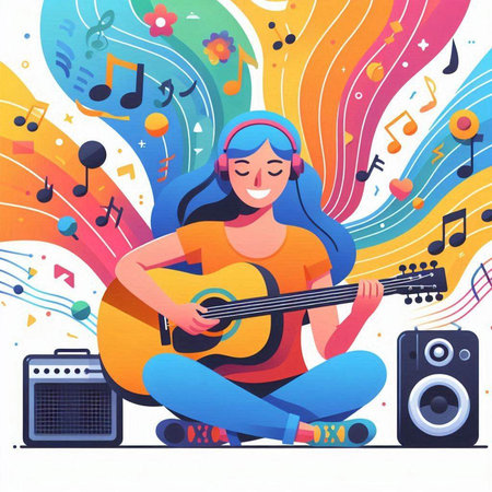 Vector illustration of girl playing guitar and listening to music with headphones.のイラスト素材