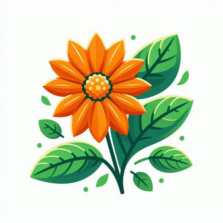Orange flower and green leaves. Vector illustration in flat cartoon style.のイラスト素材