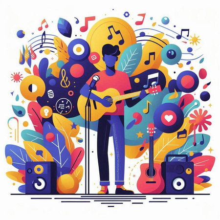 Vector illustration of a man playing the guitar on a music festival.のイラスト素材