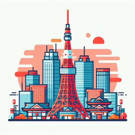 Tokyo tower, Japan cityscape. Vector illustration in flat styleのイラスト素材