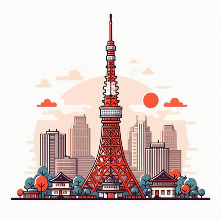 Tokyo tower, Tokyo, Japan. Vector illustration in flat styleのイラスト素材
