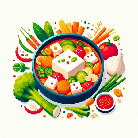 Vegetable soup with tofu and vegetables in a bowl. Vector illustration.のイラスト素材
