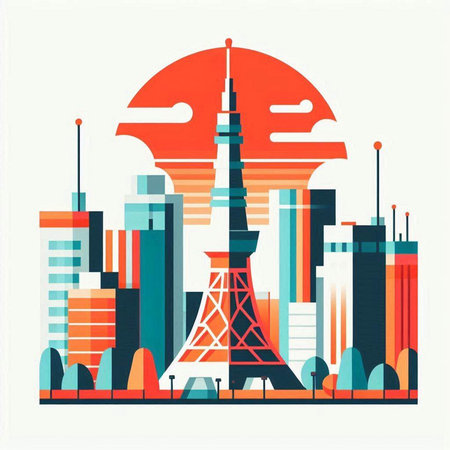Paris city skyline. Vector illustration in flat style. Cityscape with skyscrapers.のイラスト素材