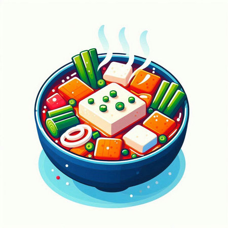 Illustration of a bowl of vegetable soup with tofu, green peas, carrot and onionのイラスト素材
