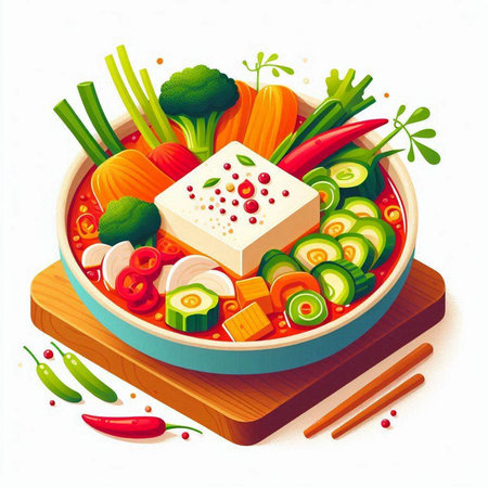 Vegetable salad with tofu, cucumber, onion, tomato, pepper and other vegetables in a bowl.のイラスト素材