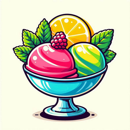 Colorful ice cream in a bowl with mint leaves. Vector illustration.のイラスト素材