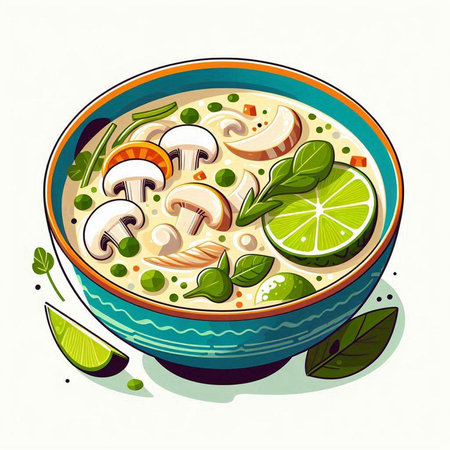 Mushroom soup in a bowl with lime and herbs. Vector illustration.のイラスト素材
