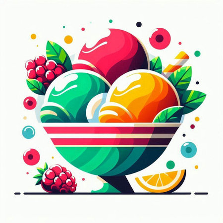 Colorful ice cream bowl with fruits and berries. Vector illustration.のイラスト素材
