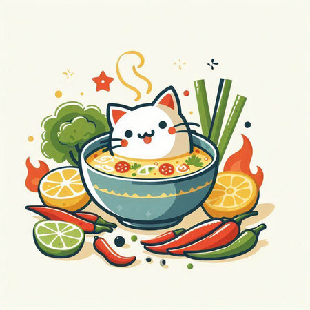 Illustration of a bowl of spicy soup with a cat and vegetablesのイラスト素材