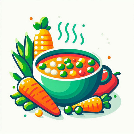 Vegetable soup in bowl with carrot and parsley. Vector illustration.のイラスト素材