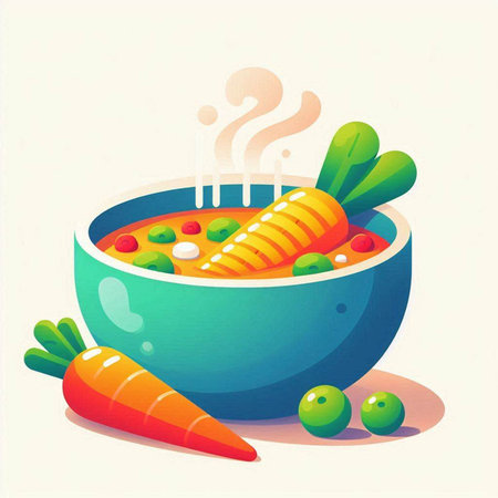 Vegetable soup in a bowl with carrots and peas. Vector illustration.のイラスト素材