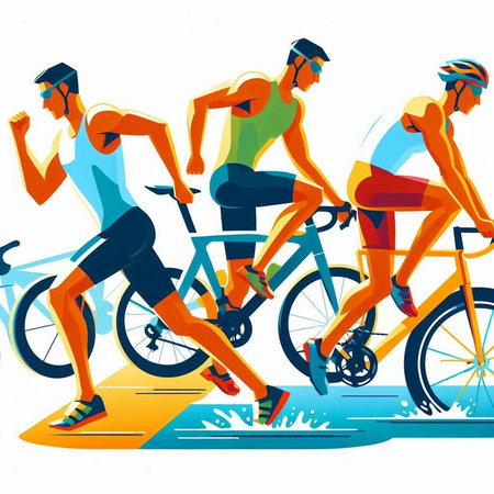 Vector illustration of a group of cyclists running in the park. Healthy lifestyle.のイラスト素材