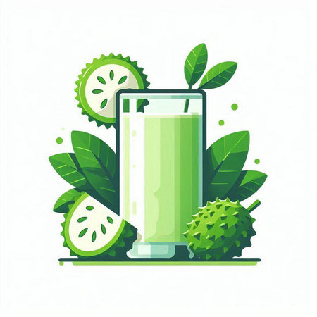 Vector illustration of a glass of fresh smoothie with green leaves and fruits.のイラスト素材