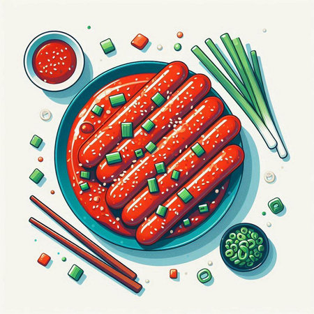 Illustration of Sausages on plate with chopsticks and vegetablesのイラスト素材