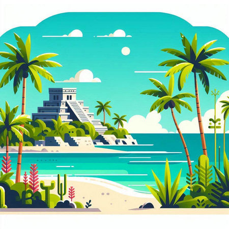 Mayan pyramid on the beach with palm trees. Vector illustration.のイラスト素材