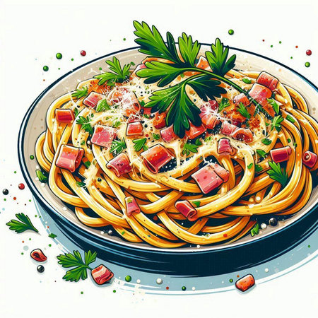 Spaghetti with ham, parmesan cheese and parsley.のイラスト素材