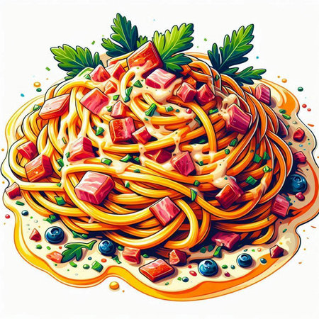 Spaghetti with ham, tomato sauce and herbs. Vector illustration.のイラスト素材