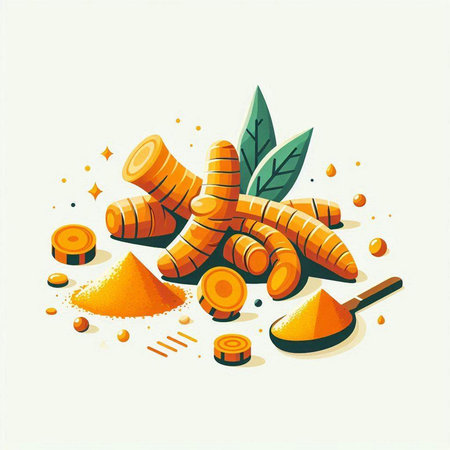 Turmeric root and powder on white background. Detailed vector illustration.のイラスト素材