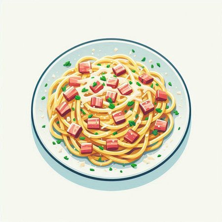 Spaghetti with ham and cheese on a plate. Vector illustration.のイラスト素材