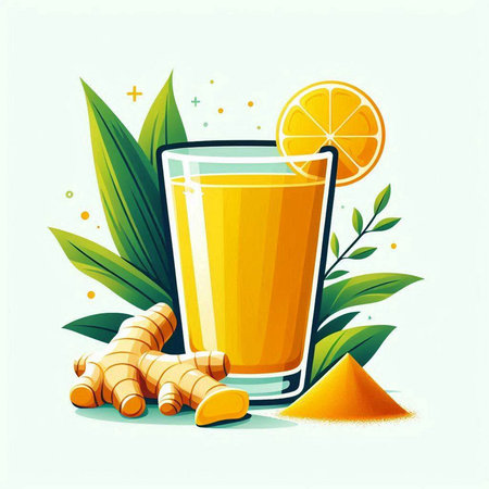 Vector illustration of a glass of fresh turmeric smoothie with ingredients.のイラスト素材